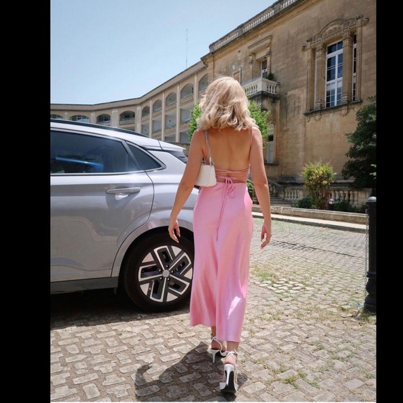 ZARA Bubblegum Pink Satin Effect Slit Strappy Back Embossed Cups Midi Maxi Dress - Picture 1 of 17